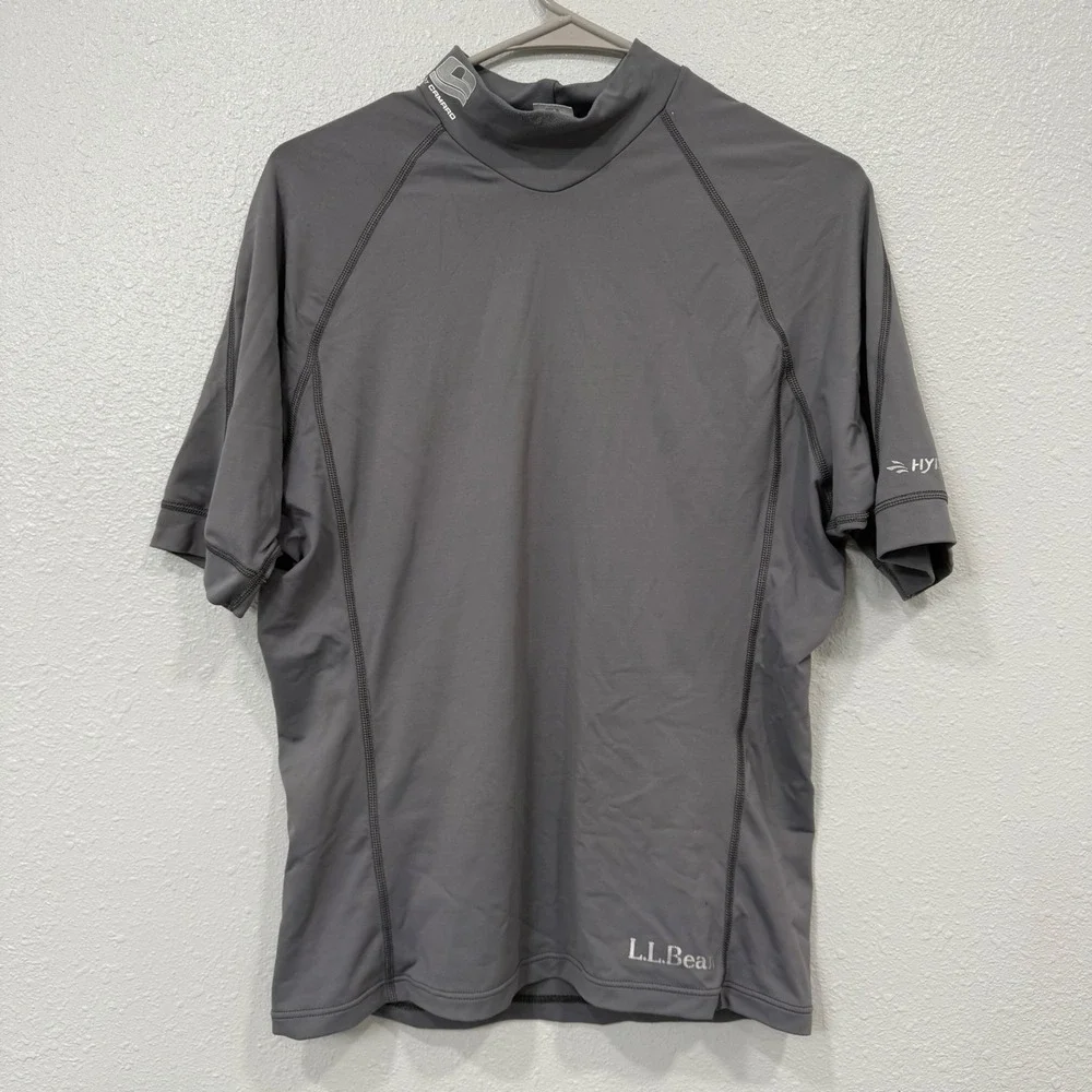 LL Bean Mens XXL Gray Hydro Rash Guard Short Sleeve Mock Neck Swim Shirt A124‎